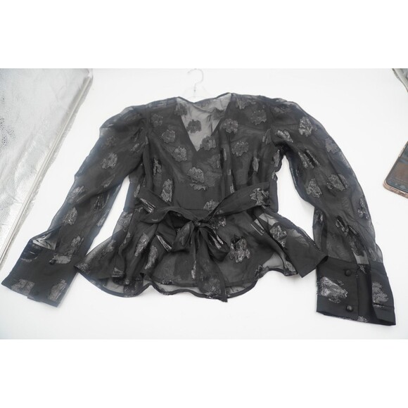 Bar III Black Sheer Metallic Burnout Floral Wrap V-Neck Waist Top Blouse Size M - Picture 7 of 8